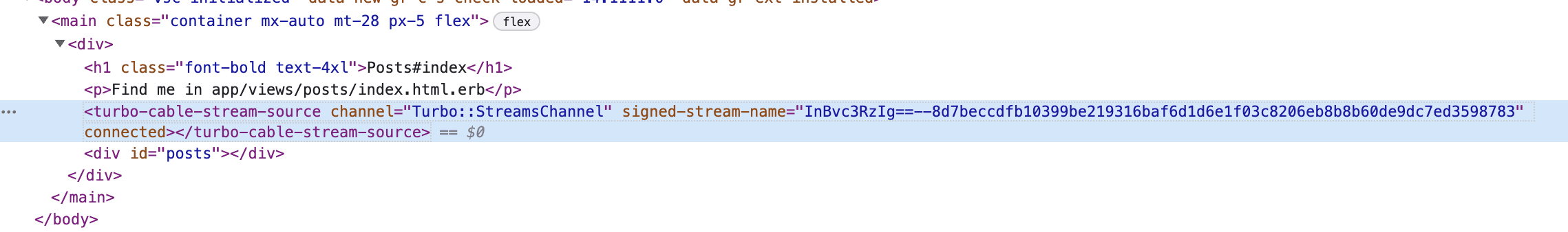 The turbo_stream_from tag, as it appears in our browsers DOM.