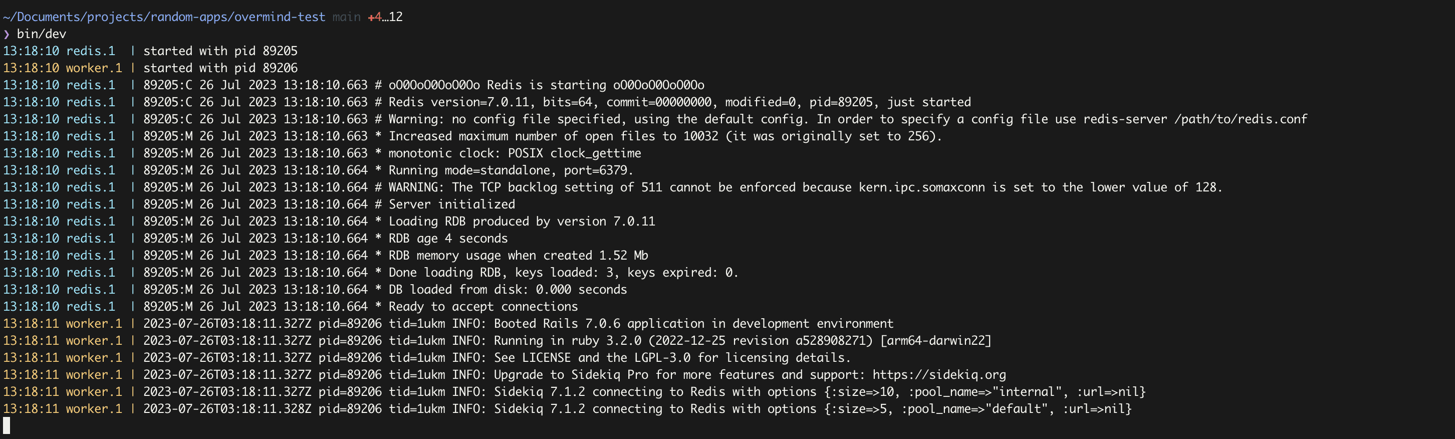 The bin/dev script and foreman dont run our processes interactively, so you won't see their full output.