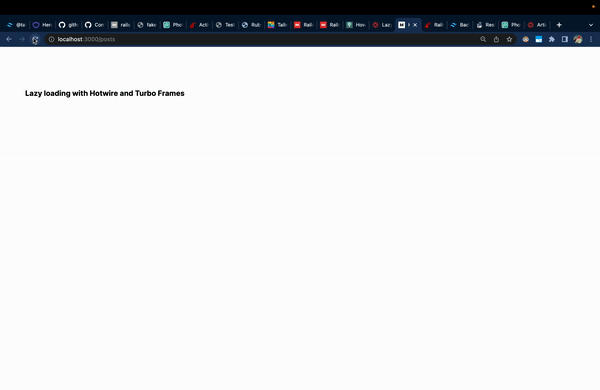 Lazily loading 100,000 fake Posts in our Rails app with a Turbo Frame lazy loader.