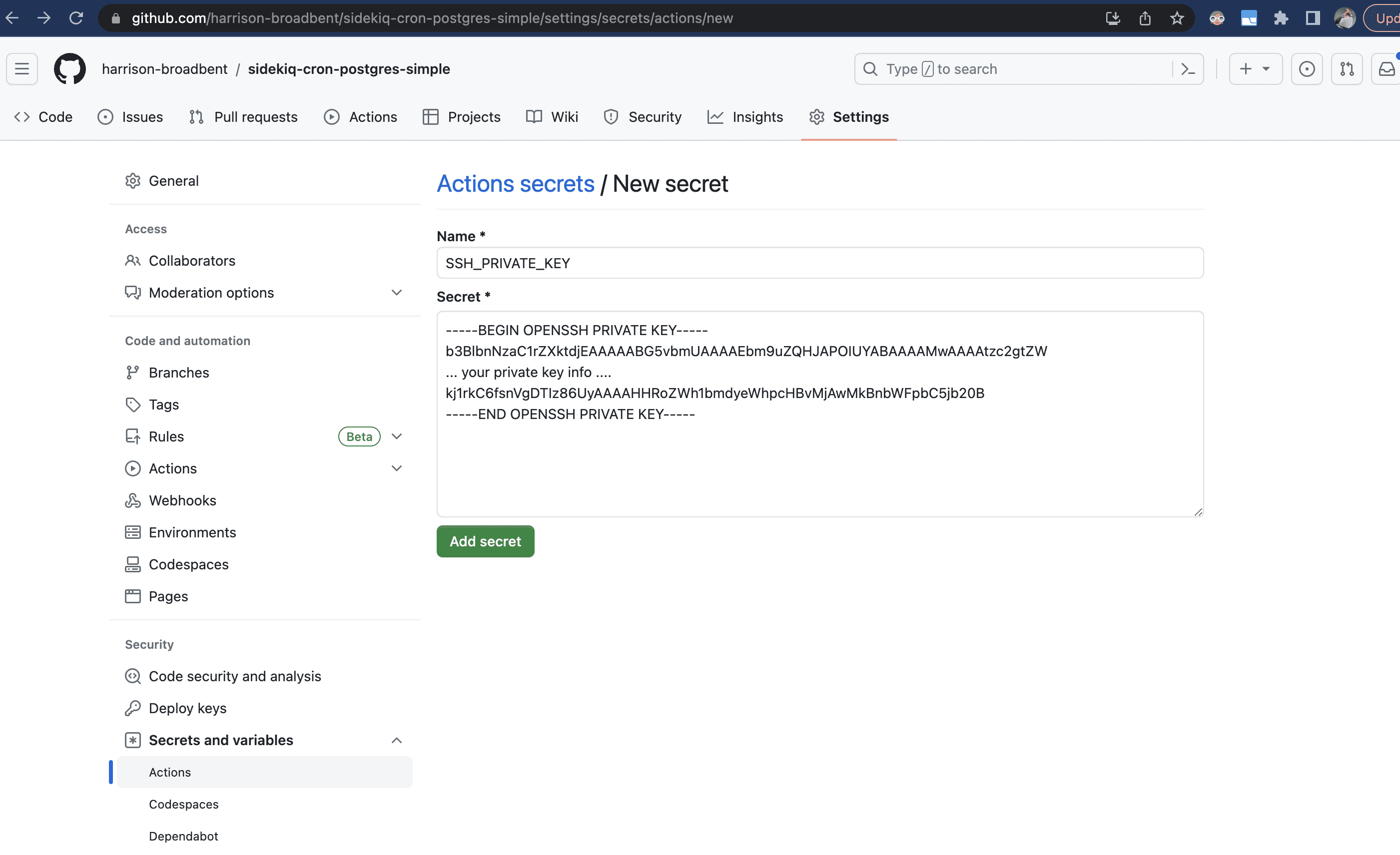 Adding a SSH private key to GitHub will let us autmatically deploy our Ruby on Rails app to Dokku