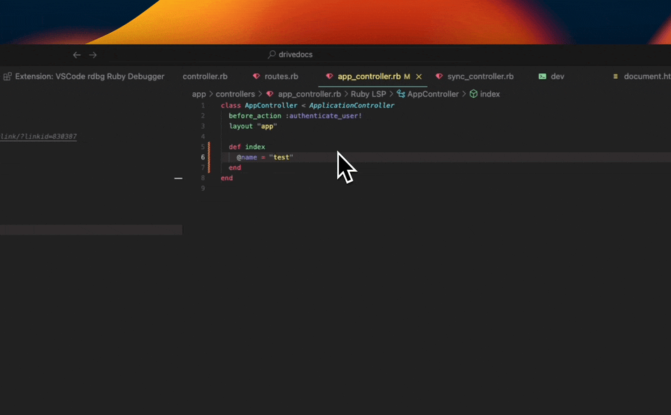 Connecting to a running debugger in your Ruby on Rails app, via the rdbg VS Code extension.